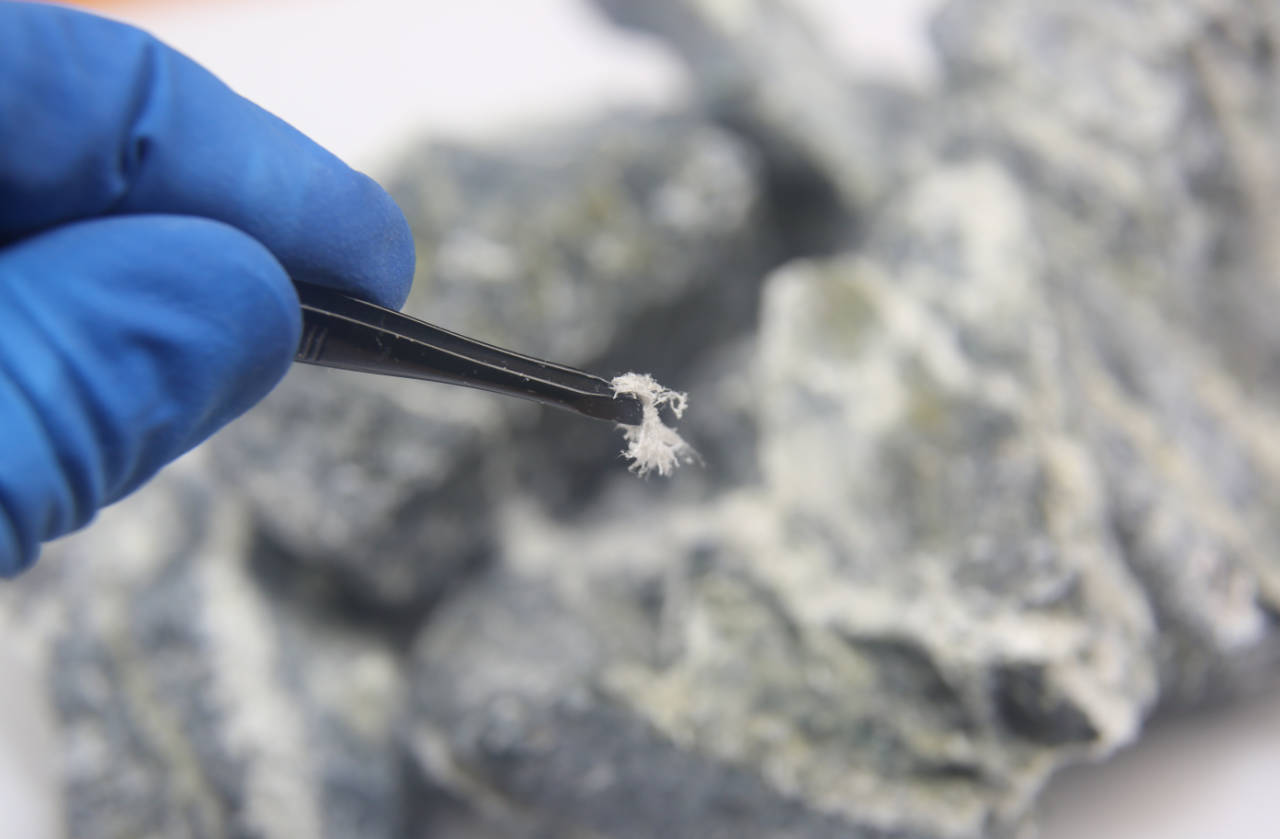 Testing for asbestos – Chrysotile asbestos fiber close up.