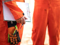 Two men in orange boiler suits with oil stains. One is holding a clipboard and pen as if carrying out a risk assessment