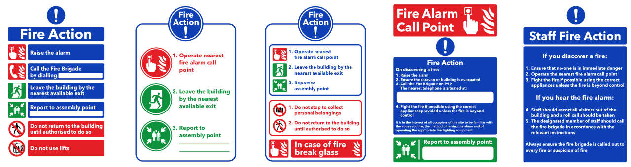 Examples of fire safety signs with fire action instruction - infographic