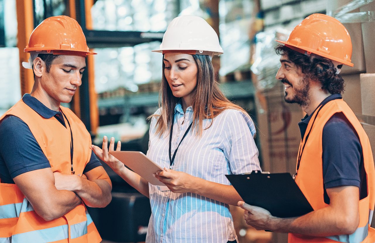 Three health and safety professionals in PPE discussing health and safety in a factory.