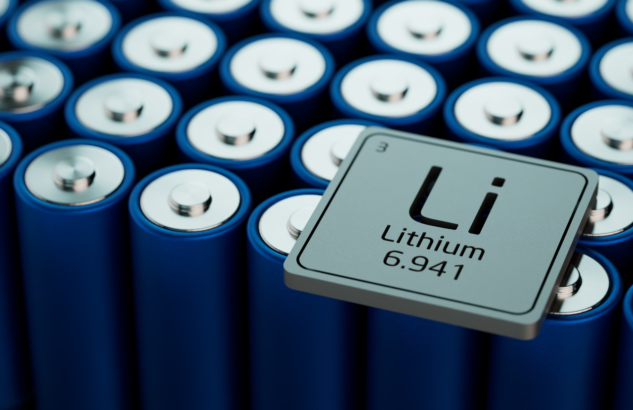 multiple lithium ion batteries with lithium ion periodic table symbol