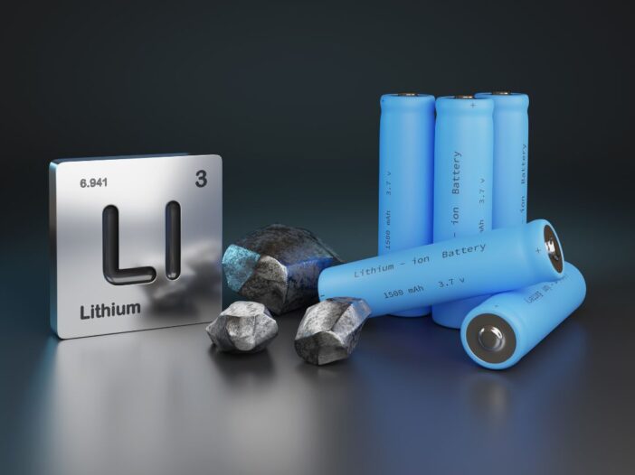 lithium ion batteries with lithium rocks and a badge of the chemical symbol for lithium