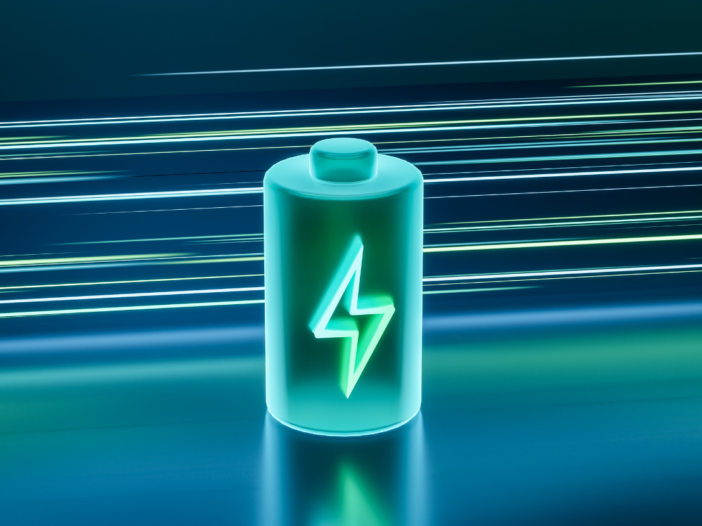 Green illuminated lithium ion battery with neon green lines in the background