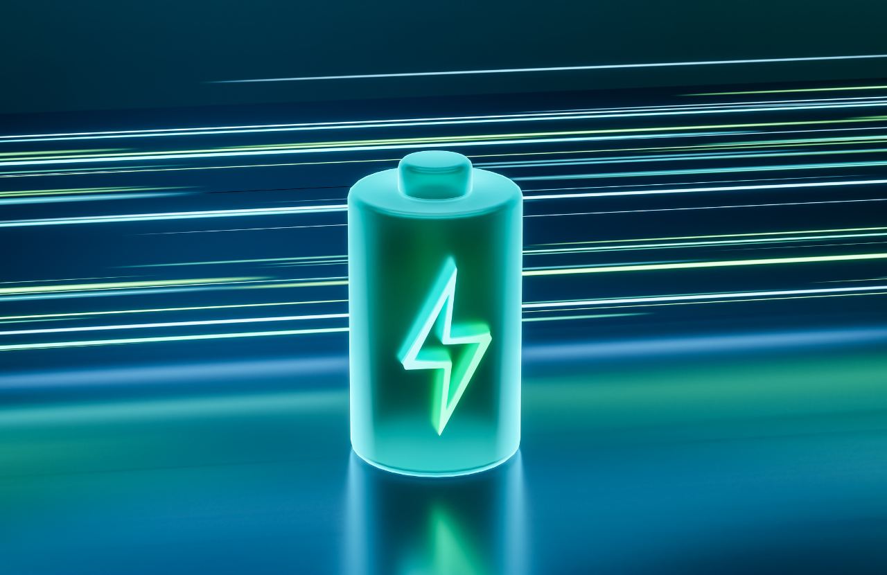Green illuminated lithium ion battery with neon green lines in the background