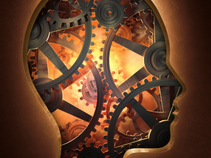 Silhouette of human head with gears and cogs, to symbolise behavioural safety.