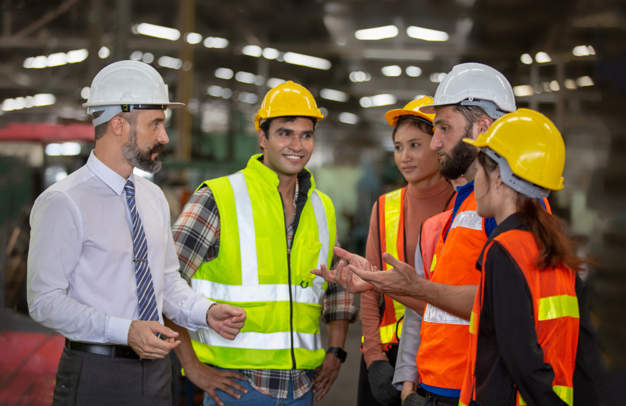 Construction workers talking to show communication in health and safety