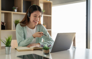 Woman at home engaging in eLearning on a laptop with a notepad in front of her