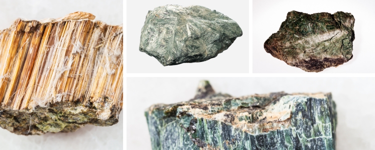 Collage of some different asbestos minerals, including Chrysotile, Amosite, Actinolite, and Tremolite