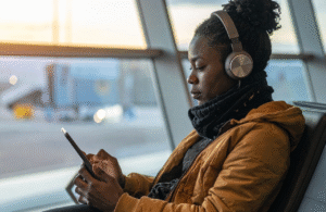 Woman using mobile device with headphones on outside the office.