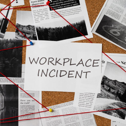 Incident and Accident Investigation Training thumbnail image. A corkboard with the words "workplace incident" and pieces of string linking pieces of paper.