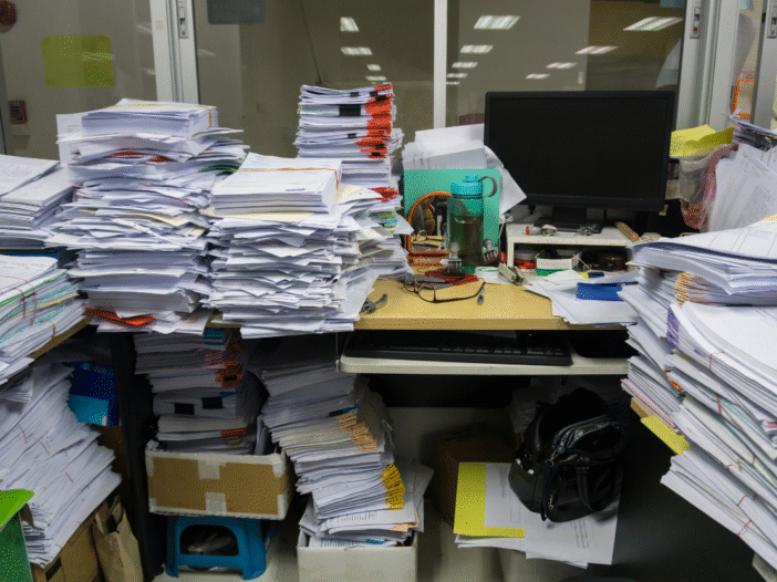 A cluttered desk buried in papers to illustrate poor fire safety housekeeping