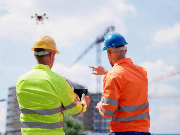 Two men in PPE on a building site talking and carrying out dynamic risk assessment