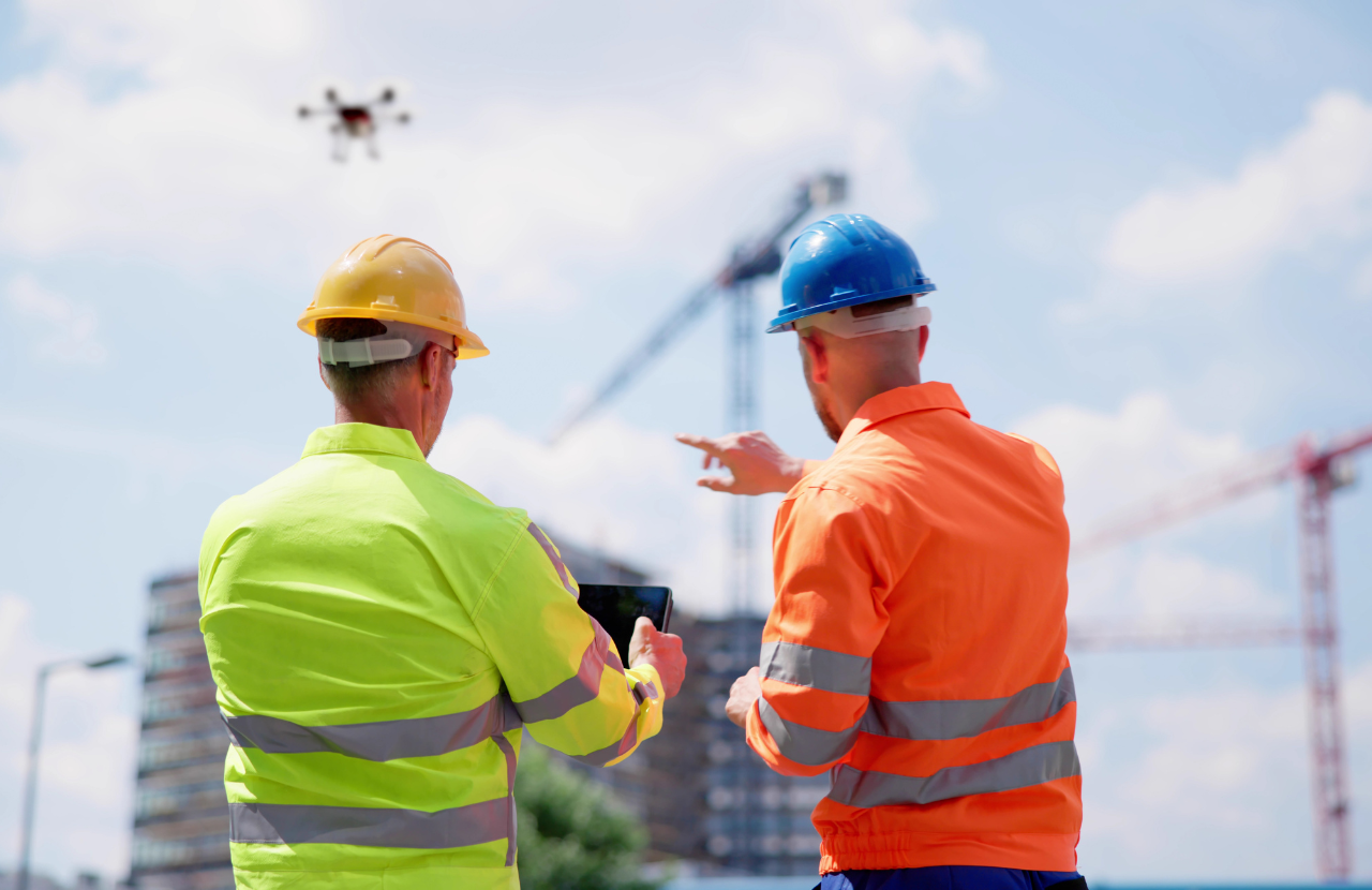 Two men in PPE on a building site talking and carrying out dynamic risk assessment