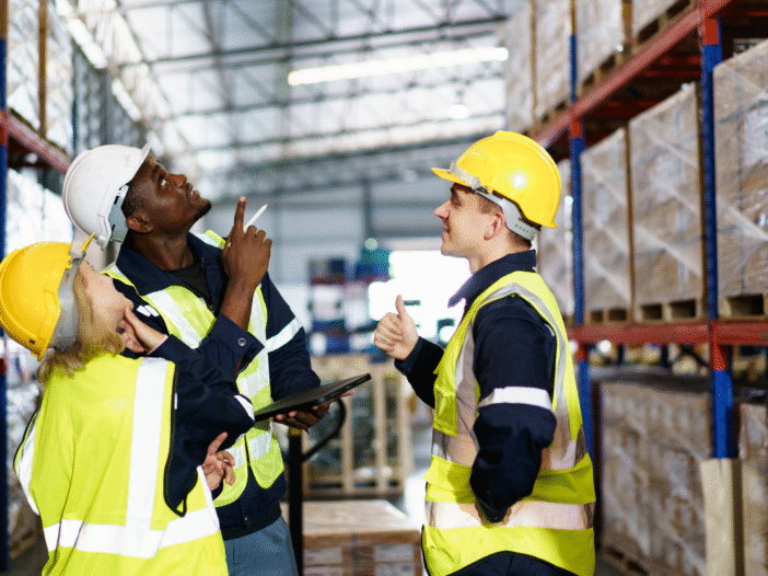 Three men in PPE in a warehouse looking up at shelves and making decisions about their work.