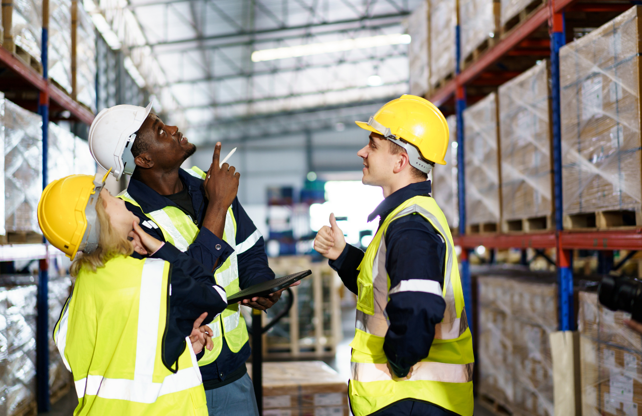 Three men in PPE in a warehouse looking up at shelves and making decisions about their work.