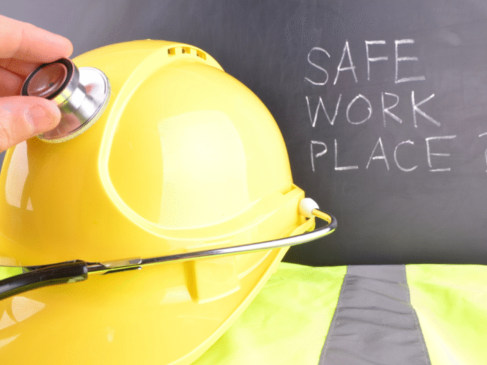 PPE and a blackboard on which is written 'safe work place?'