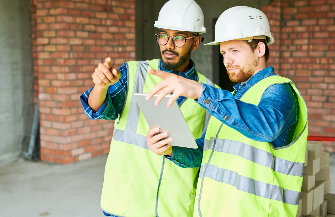 Two construction workers discussing something on an ipad and pointing into the distance, to illustrate pre construction notification