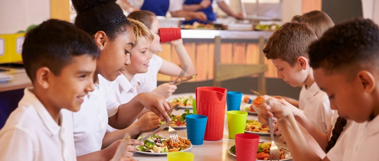 Allergy Awareness Training - a group of schoolchildren eating in the school canteen