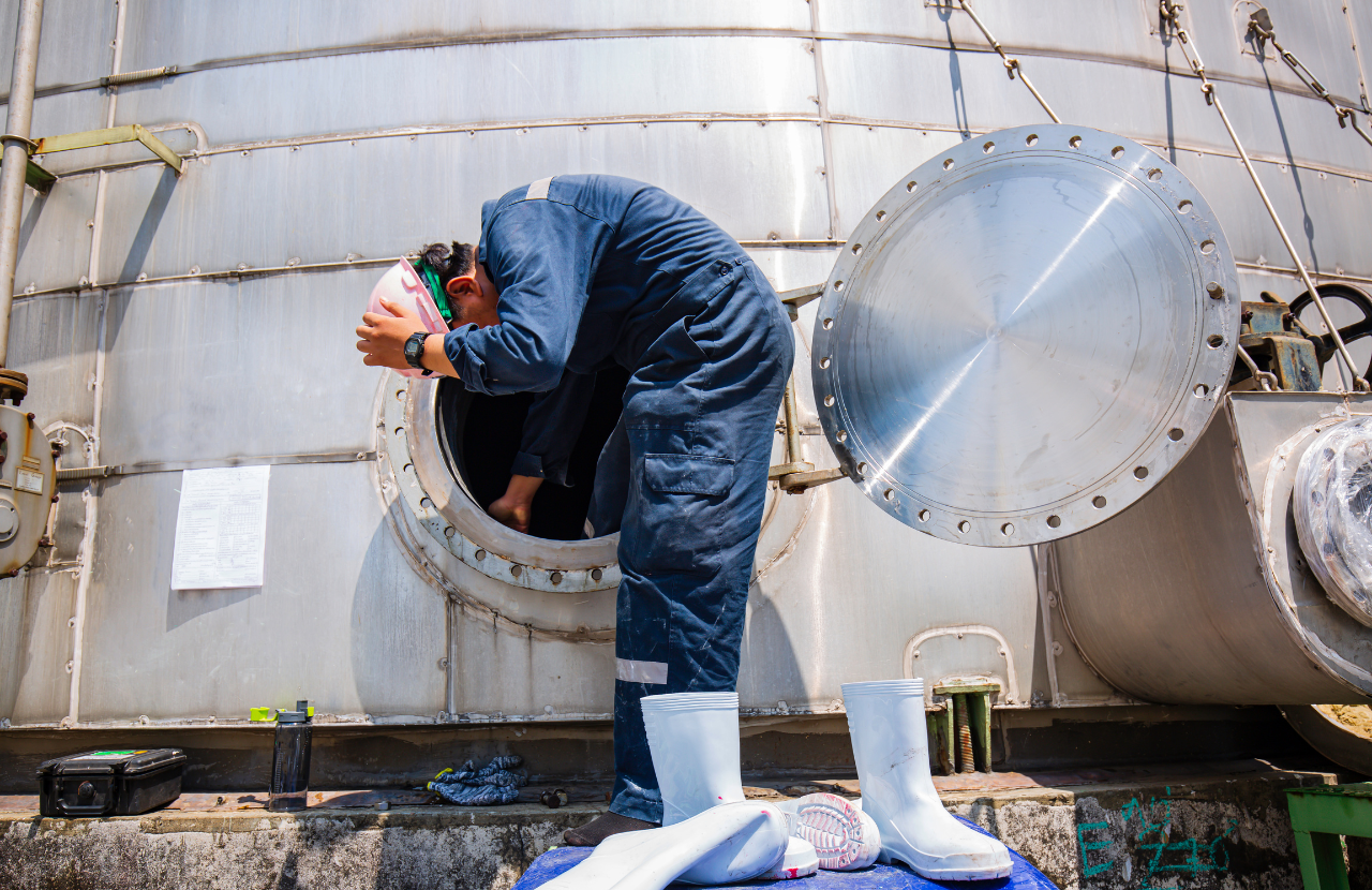 Worker in PPE climbing out of a confined space to illustration Confined Space Regulations 1997
