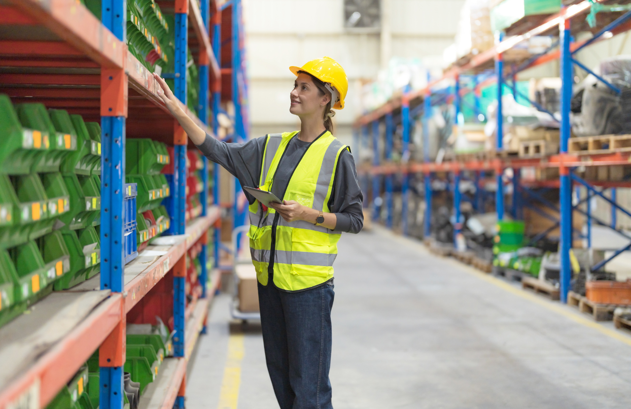 Female worker in a warehouse in PPE searching shelves to represent workers responsibility for health and safety at work