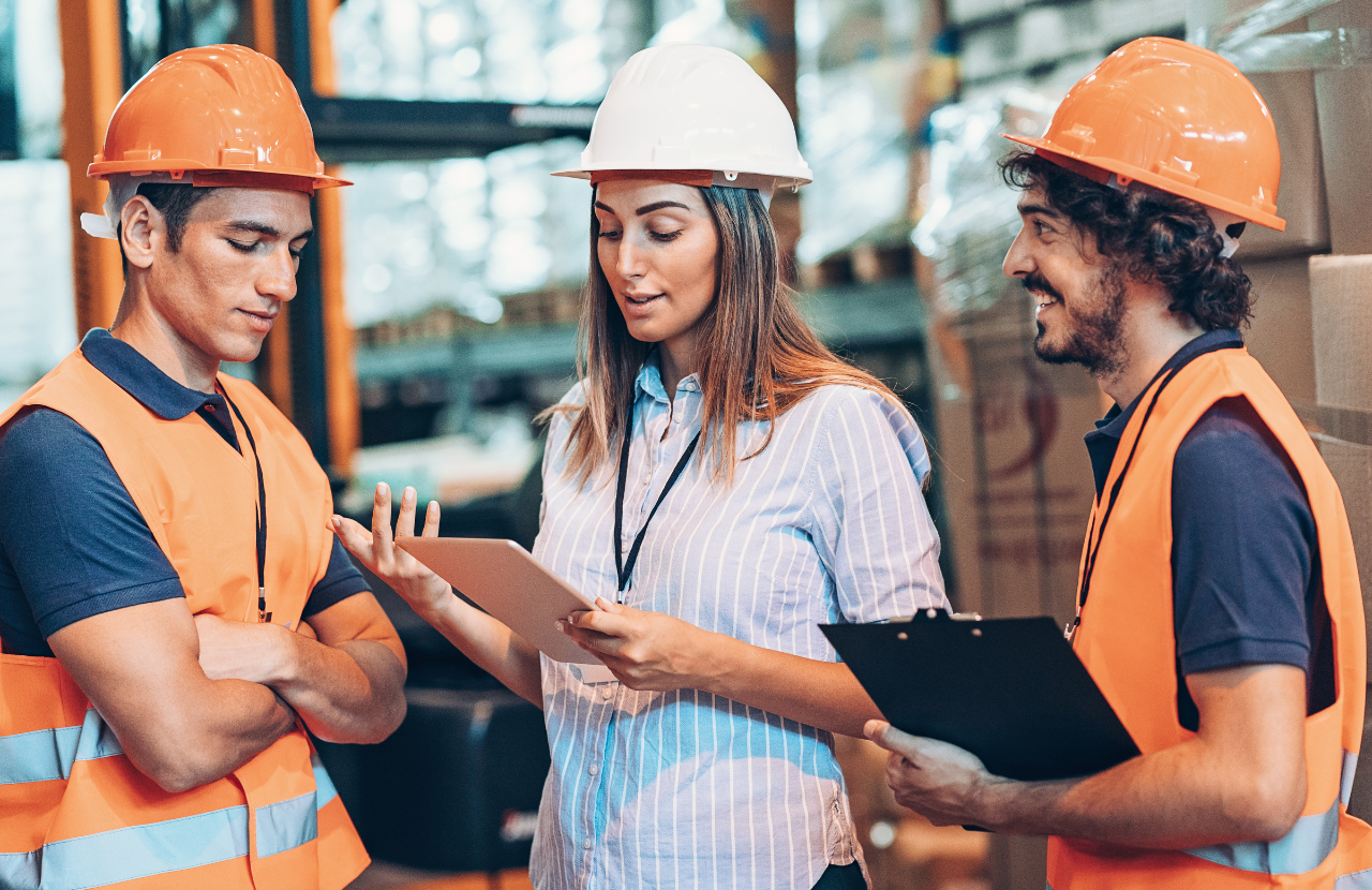 Two men and a women in PPE in a warehouse smiling and talking looking at an ipad to represent health and safety report