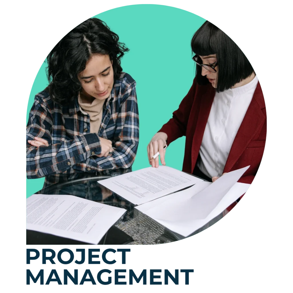 PROJECT MANAGEMENT - Two professionals at a desk, one talking through a set of documents