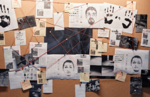 A corkboard in a police station, with red string linking sheets and photos of evidence