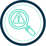 Magnifying glass and warning sign icon