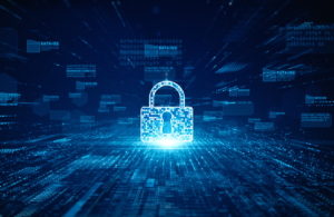 Image of blue padlock in cyberspace surrounded by data to symbolise lawful basis for processing data