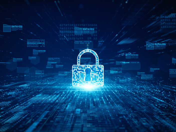 Image of blue padlock in cyberspace surrounded by data to symbolise lawful basis for processing data