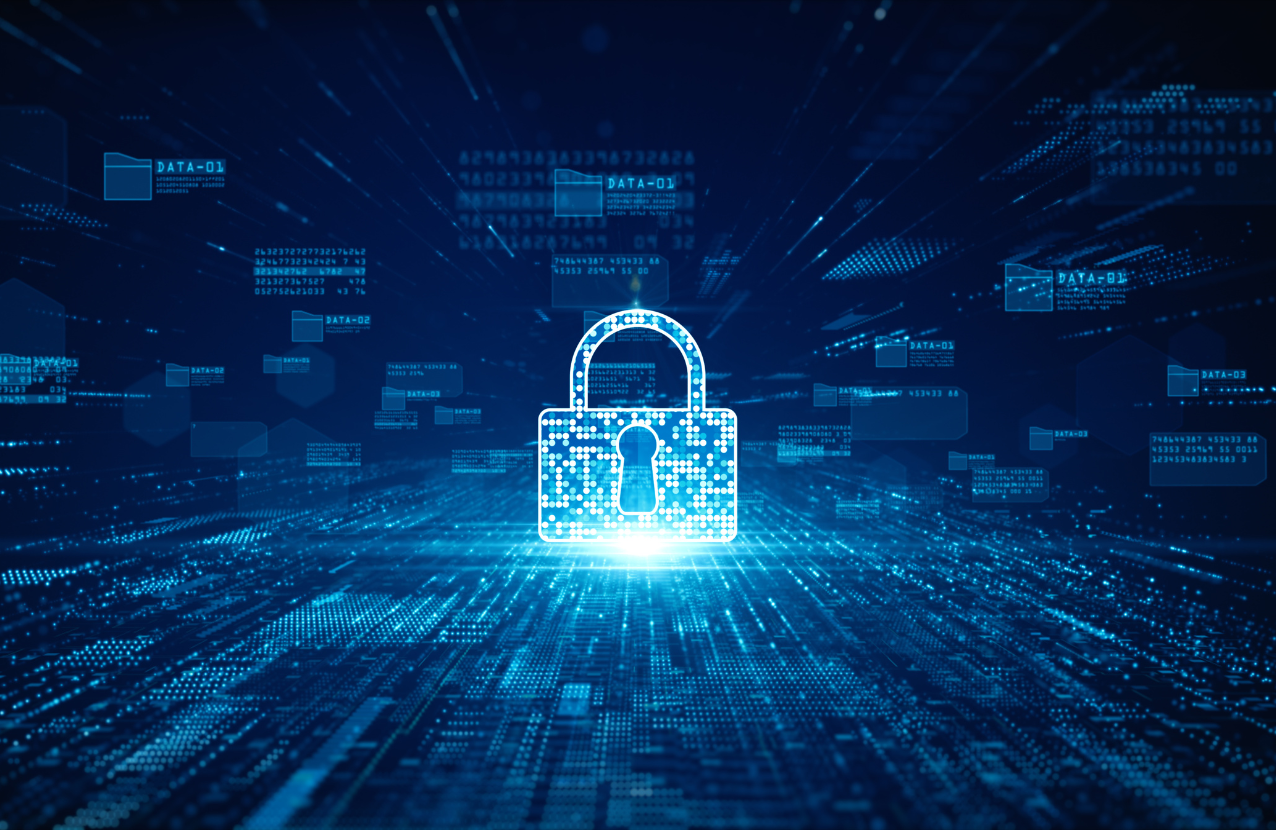 Image of blue padlock in cyberspace surrounded by data to symbolise lawful basis for processing data