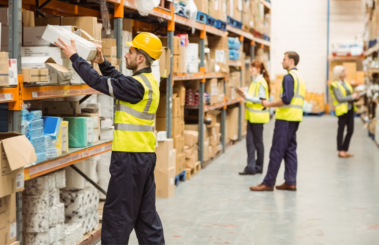 Workers in PPE stacking shelves in a warehouse to symbolise warehouse health and safety guidance.